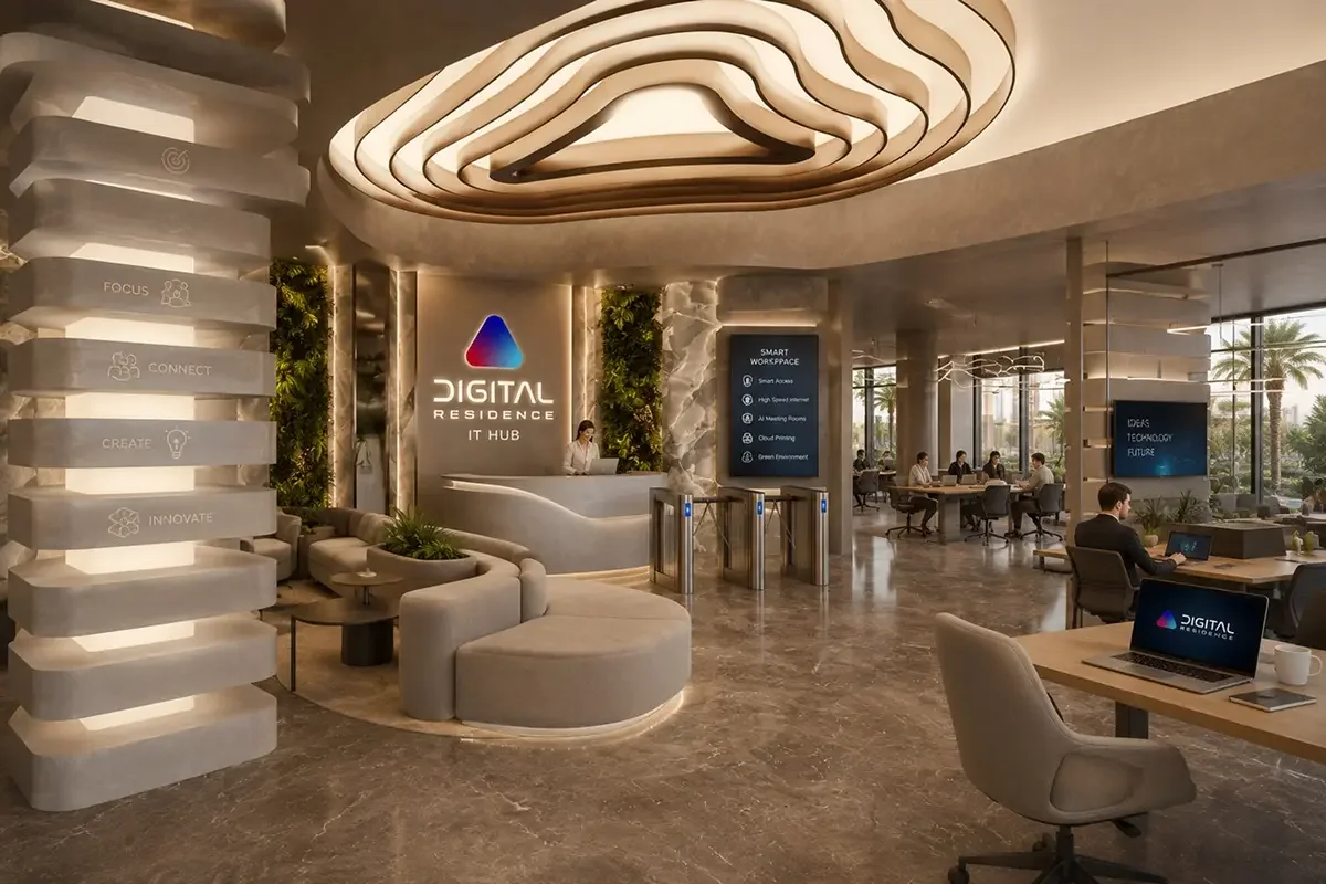 Лобби IT Hub с логотипом Digital Residence